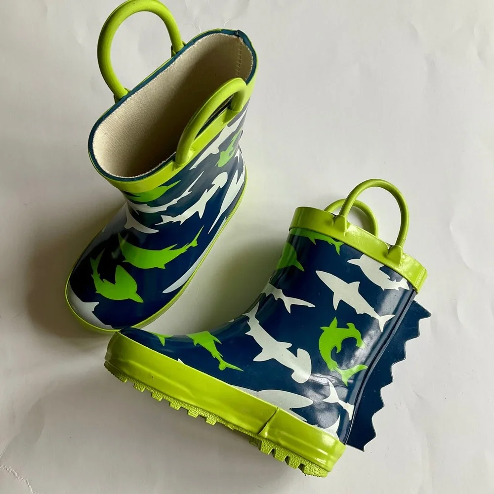 Kids Shark Print Rubber Rain Boots Blue Green 3D Fin Size 6 Waterproof Unisex